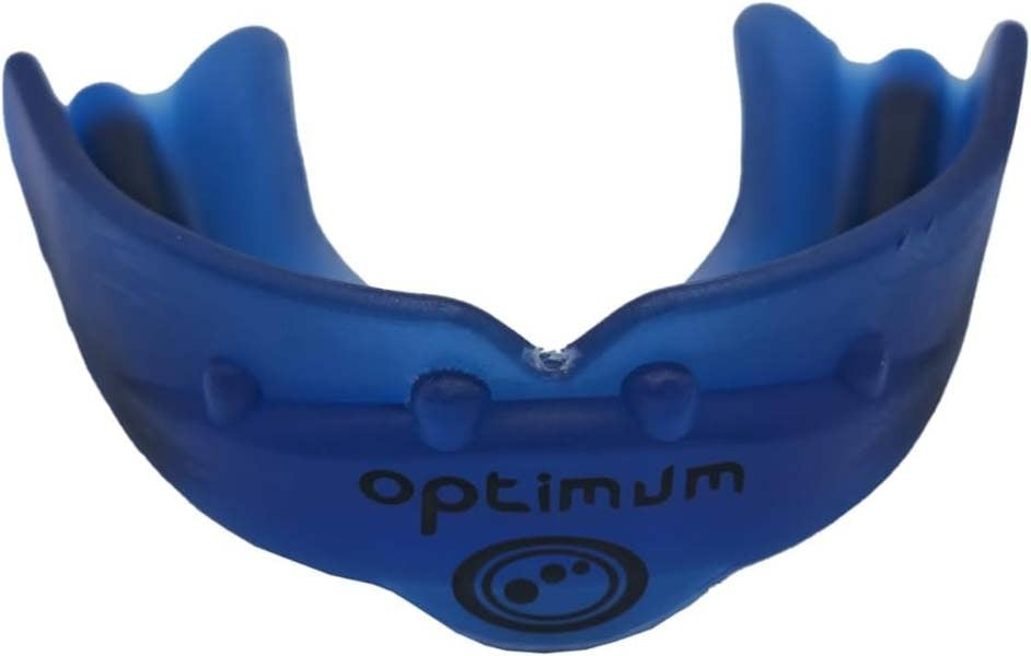 Blue Optimum Matrix mouthguard front view showing tooth channel and black logo, on white - Optimum