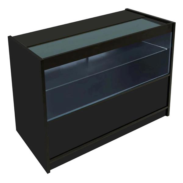 Hera LED Shop Counter Set in black features a sleek design with a glass top, illuminated interior, and spacious storage below