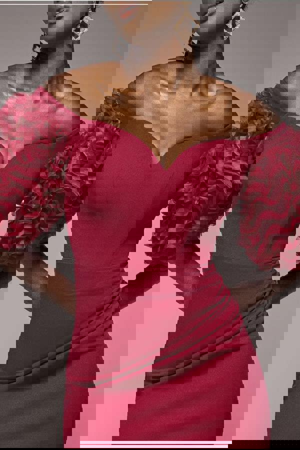 Off The Shoulder 3D Puffed Sleeve Sweetheart Maxi Dress - Burgundy DR4637