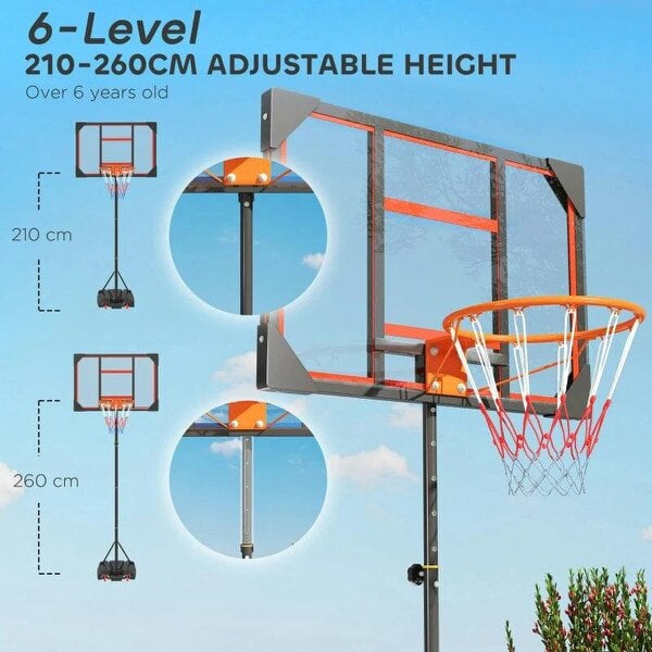 Basketball Hoop Outdoor Indoor, 210-260cm Height Adjustable Basketball Hoop with Wheels, Larger Base, for 6+ Years, Red
