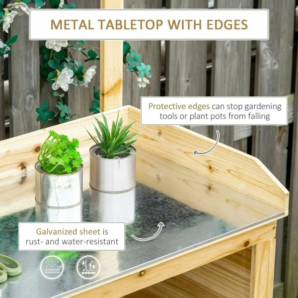 Potting bench table with galvanized metal tabletop and raised protective edges.