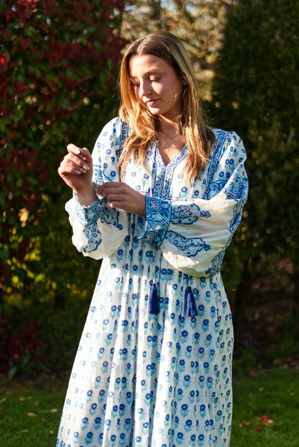 AMELIA FLOATY SLEEVE WOODBLOCK PRINTED COTTON VOILE DRESS