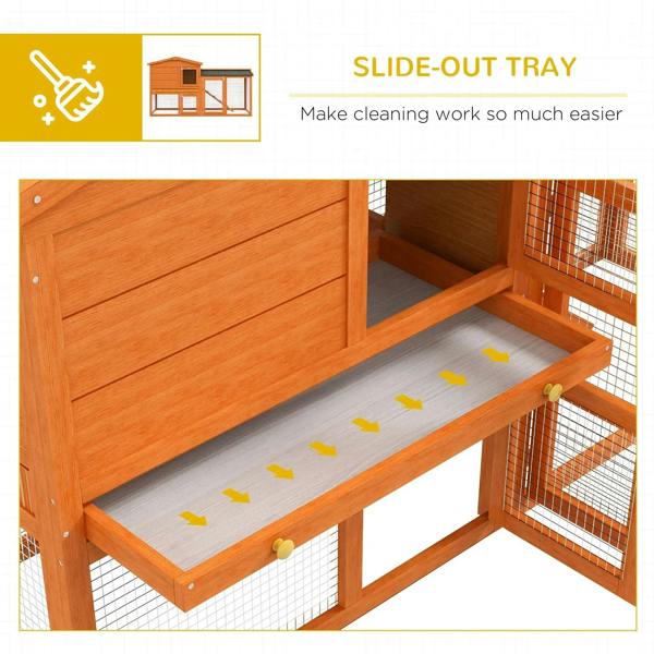 Orange two-tier rabbit hutch with slide-out tray inside the lower compartment