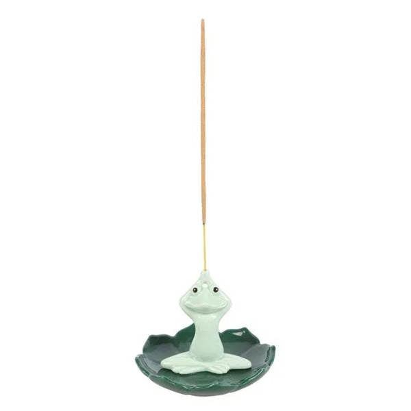 Green ceramic frog incense stick holder with raised dish and upright stick