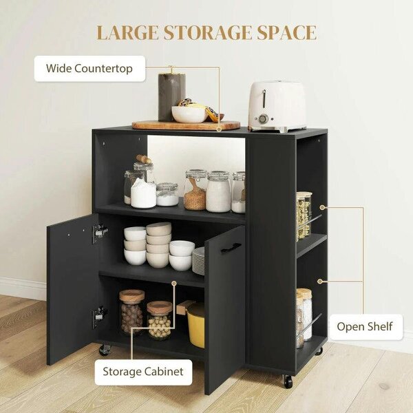 Kitchen Trolley on Wheels, Rolling Kitchen Island Cart with 2-Door Cabinet, Spice Rack and Adjustable Shelf, Black