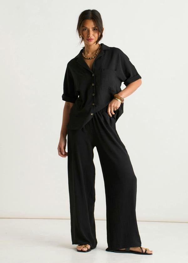Gini London Black Elastic Waist Wide Leg Trousers