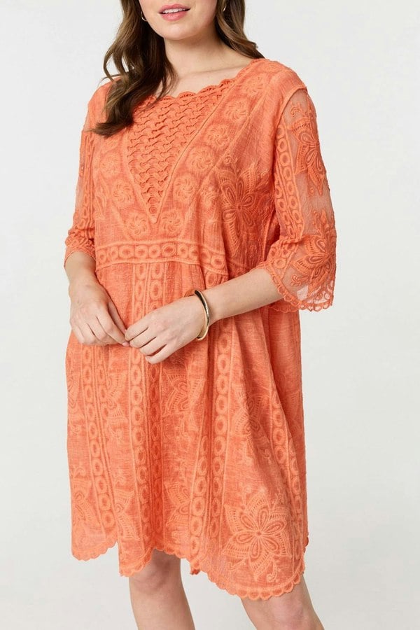 Orange | Lace Mesh Textured 1/2 Sleeve Mini Dress
