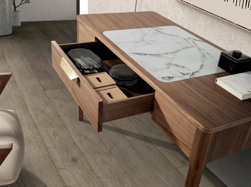Angel Cerdá Walnut Dressing Table With White and Glossy Grey Marble-look Glass Top 7043