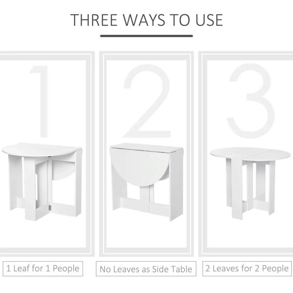 White folding drop-leaf table showing multiple leaf configurations for seating