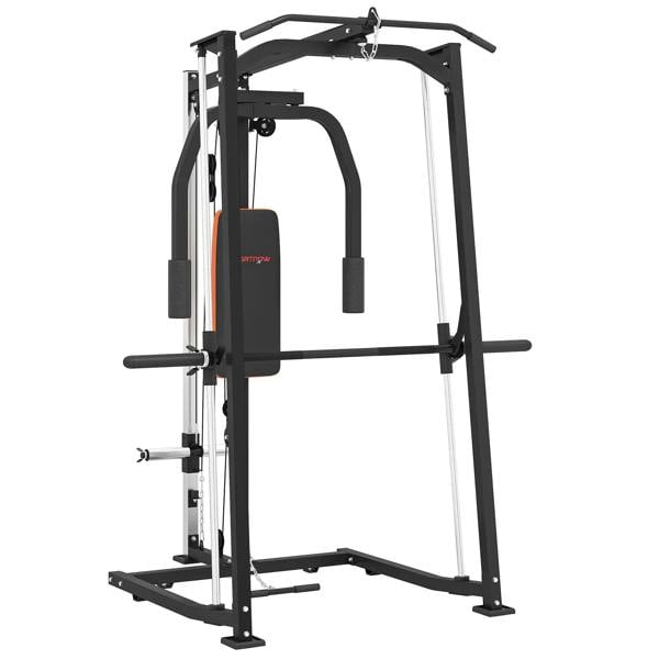 Black 3-in-1 gym station with cable pulleys, squat rack frame, and multi-grip attachments.