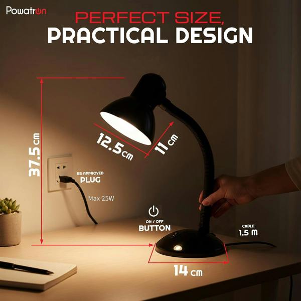 Powatron Flexible Desk Lamp with Bulb Adjustable Neck Metal Construction On/Off Switch & 1.5m Cable W/BS Approved Plug Mains Powered Desk Lamps