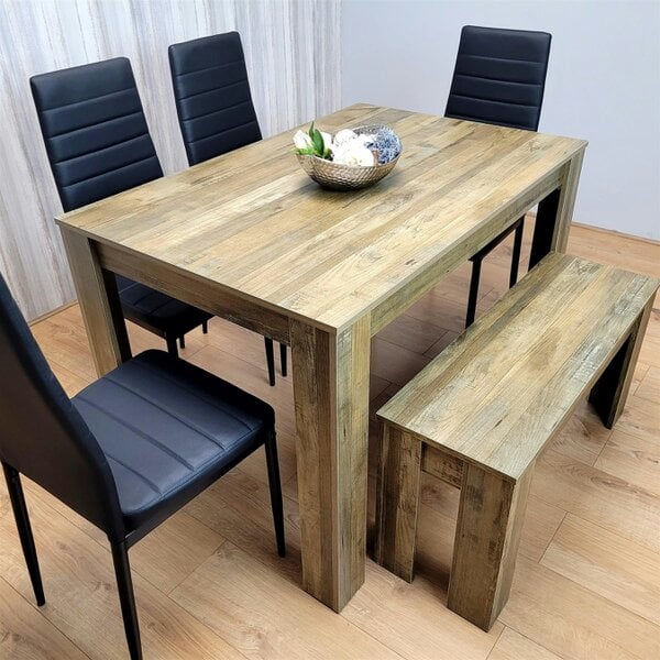 Kosy Koala Wooden Dining Table Set for 6 Rustic Effect Table With 4 Black Leather Chairs and 1 Bench