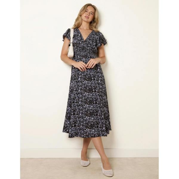 Blue Vanilla V Neck Flutter Midi Dress