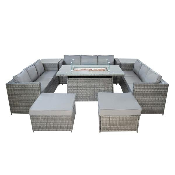 Jardi 11 Seater Rattan Furniture Set With Firepit – Grey