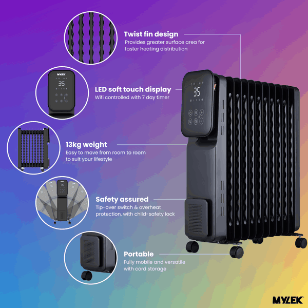 MYLEK Oil Filled Digital Smart WiFi App Enabled Heater - 3 Heat Settings & 24-Hour Timer 2500w