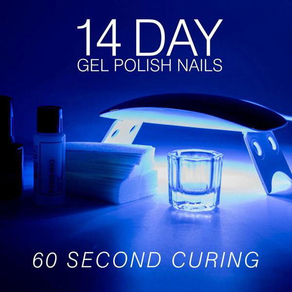 A UV nail lamp shines blue light on a glass cup, nail buffer, and Rio’s 14 Day Gel Polish Nails bottles. Text: Professional manicure, 60 second curing, and long-lasting shine.