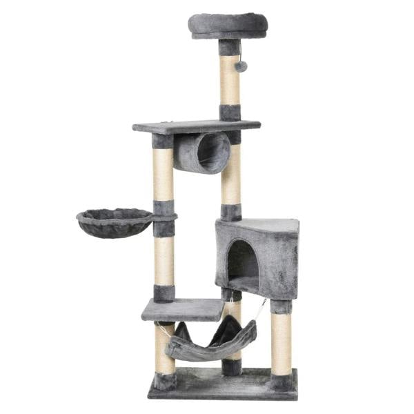 Grey cat tree tower with multi-level condos, tunnel, hammock, and scratching posts