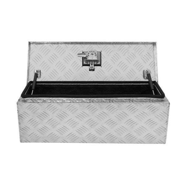 Aluminium tool box 35L in silver with a diamond plate texture, featuring a sturdy latch and a spacious interior for tools