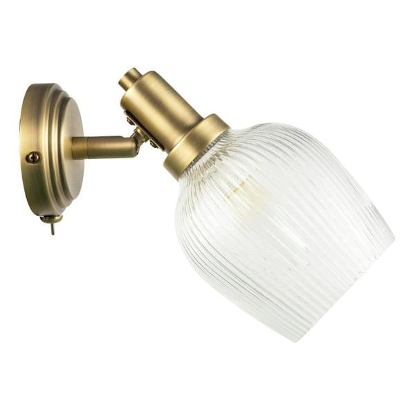 Classy Antique Brass Switched Wall Light with Clear Ribbed Glass Shade Image 3