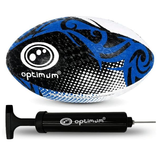 Optimum Razor Rugby Ball in Black/Blue with Optimum pump
