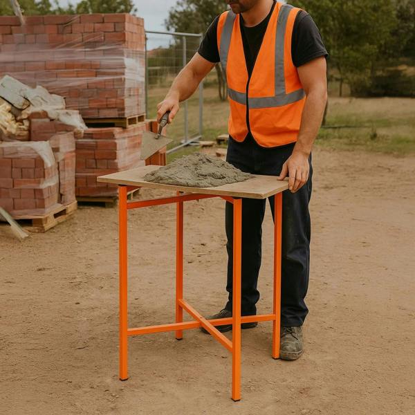 Three sturdy mortar board stands, 750mm high, with a bright orange frame, supporting a cement mix on a wooden top at a construction site