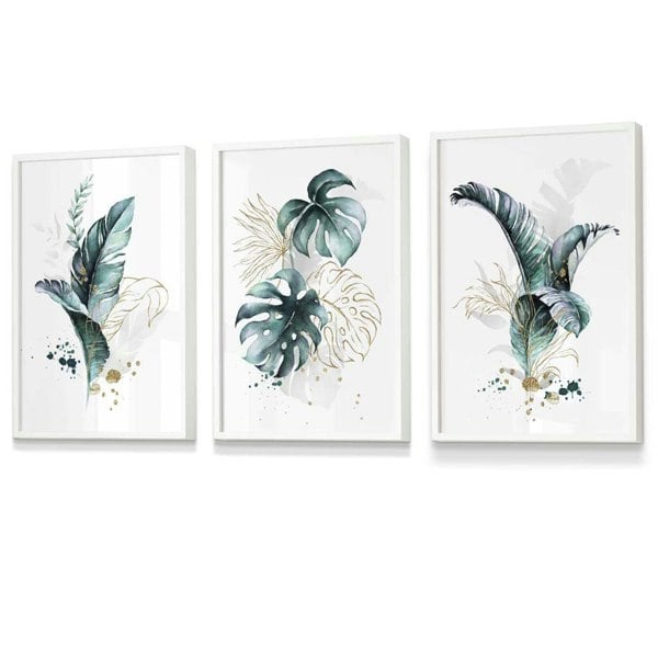 Artze Wall Art Teal Blue and Gold Botanical Set of 3 Floral Framed Prints