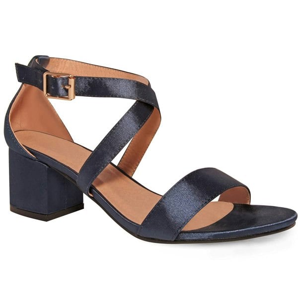 Where's That From Amber Strappy Mid High Block Heels Peep Toe in Navy Silk