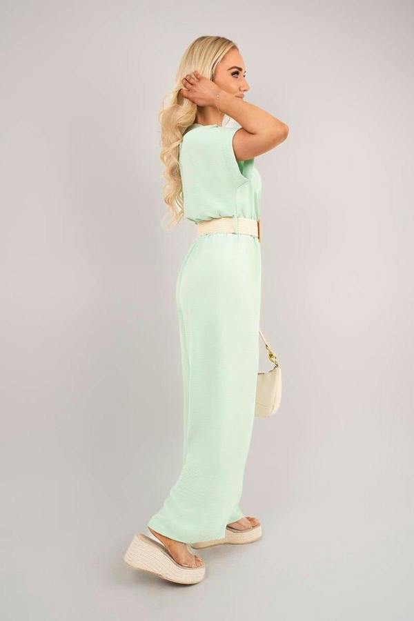 Ailina V Neck Short Sleeve Wide Leg Jumpsuit With Woven Belt - Mint