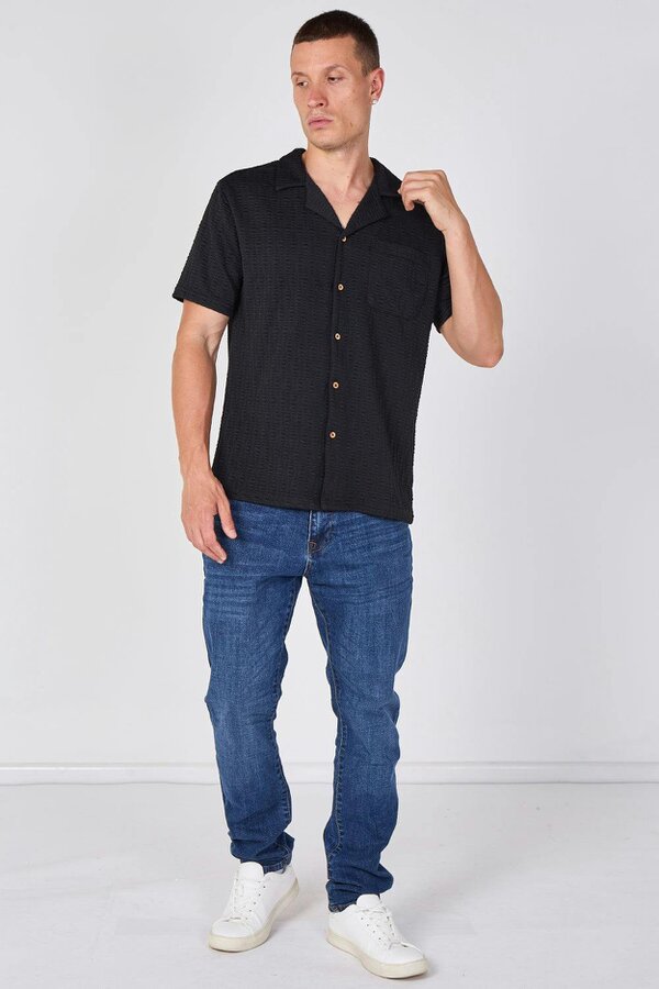 Textured Short Sleeve Revere Collar Shirt