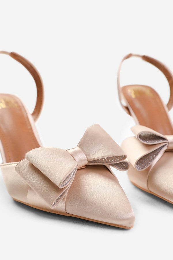 Where's That From Spain Wide Fit Pointed Toe With Diamante Bow Detailing Slingback Mid Heels in Cream Satin