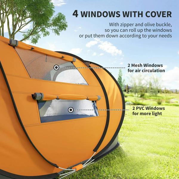 Orange and dark gray pop-up tent with four roll-up windows with zipper covers
