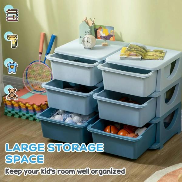 Light blue kids storage drawer unit with tabletop and six front bins, rounded edges