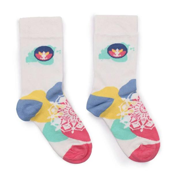 Bamboo crew socks in light cream with colorful meditation bunny graphic and trim