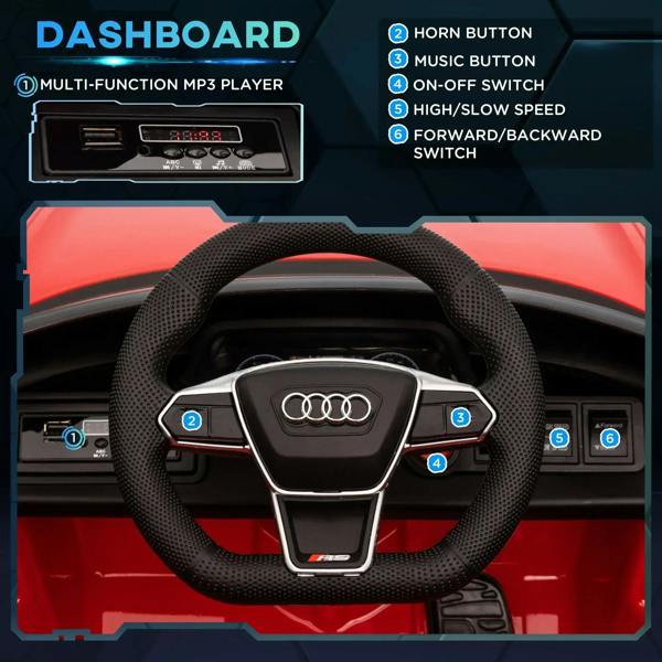 Red ride-on car dashboard with steering wheel and control buttons