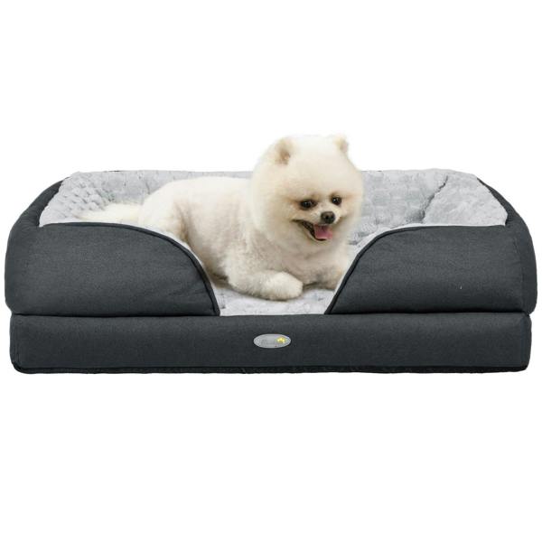 Charcoal grey rectangular dog bed with cushioned bolsters and zippered removable cover