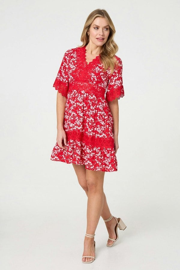 Red | Floral Lace Trim 1/2 Sleeve Mini Dress