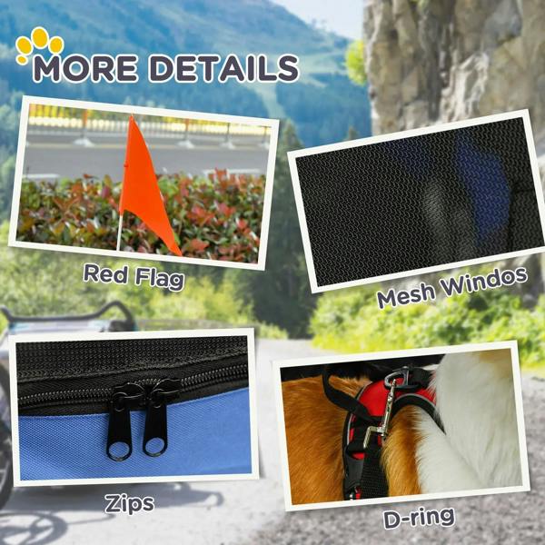 Blue and gray folding pet bike trailer features mesh windows, zippers, and D-ring.