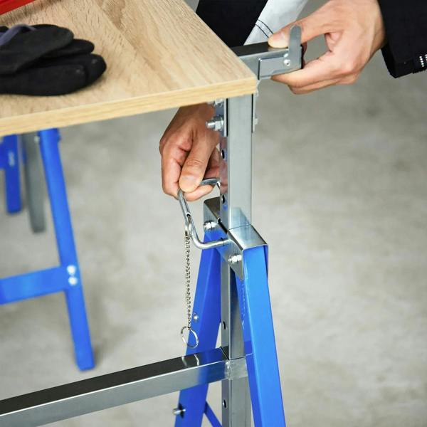 Blue adjustable steel trestle with locking bracket pin and hanging chain latch