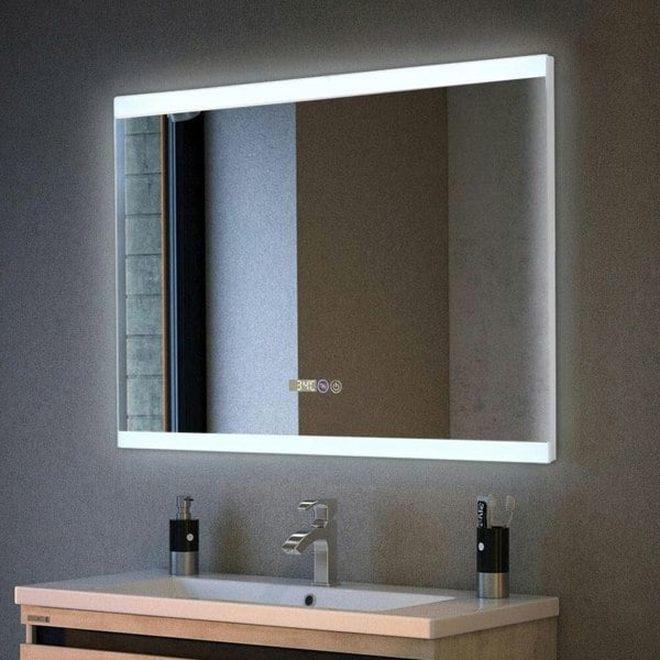 Large Rectangular Frameless Anti-Fog LED Vanity Mirror with Clock Bathroom Mirrors Living and Home