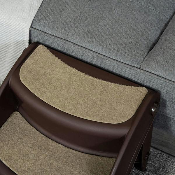 Close-up of brown 3-step dog stairs with beige non-slip tread pads