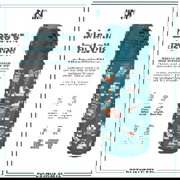 A teal stainless steel water bottle, featuring a child-friendly transportation design, sits against a white background. The bottle is described as carbon neutral, fully recyclable, odour resistant, and dishwasher safe.