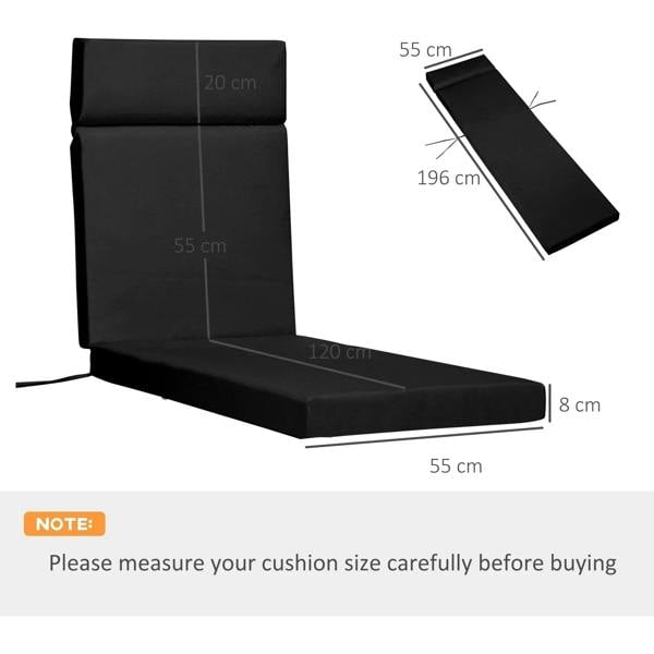 Black sun lounger cushion with backrest and seat, shown with size indicators