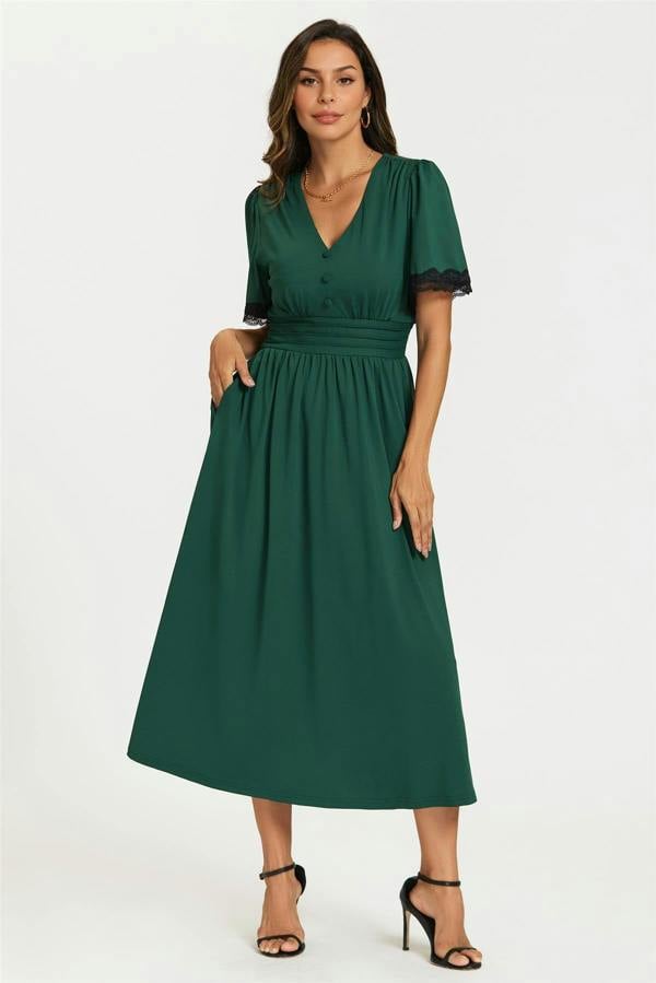 FS Collection Lace Trim Jersey Midi Dress In Green