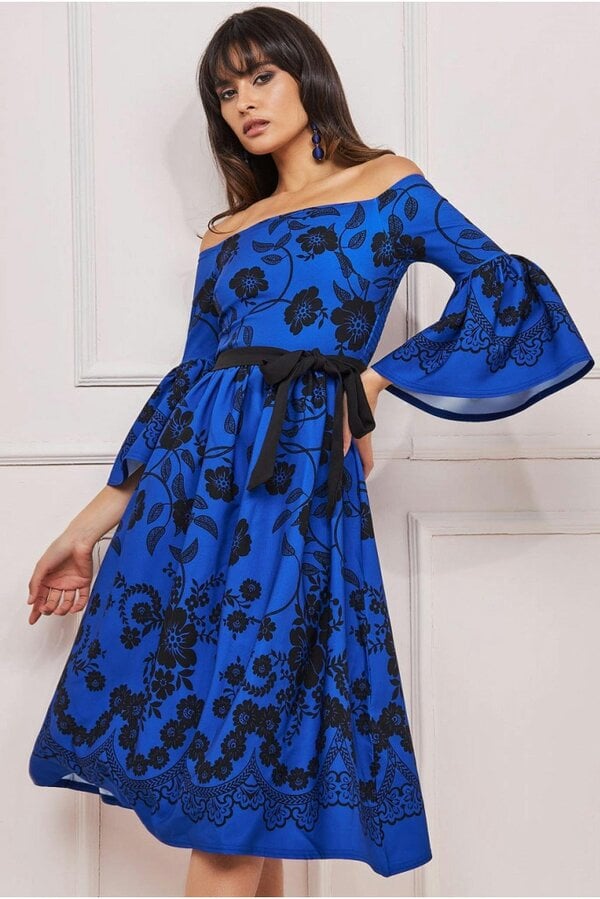 Goddiva Printed Off The Shoulder Midi Dress - Royalblue by Goddiva