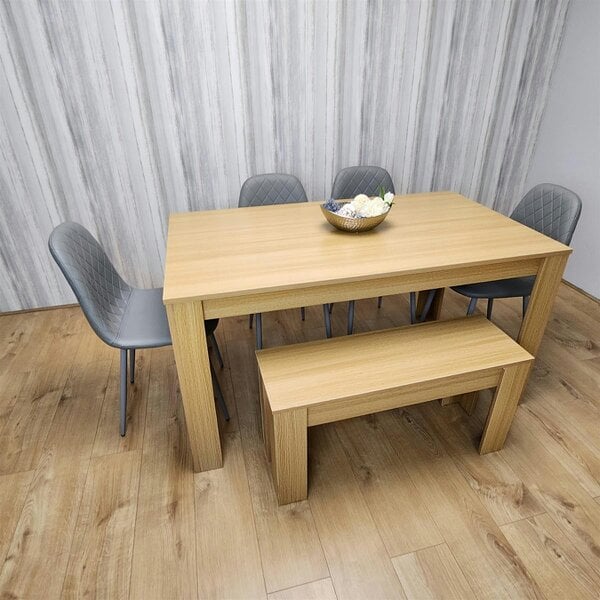Kosy Koala Wooden Dining Table Set for 6 Oak Effect Table With 4 Grey Gem Patterned  Chairs and 1 Bench