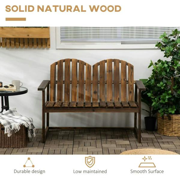 Wooden outdoor bench with curved slatted backrest and slatted seat, dark carbonised finish