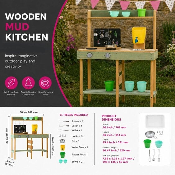 Neo Kids Wooden Outdoor Mud Kitchen Water Tap Sink Chalkboard
