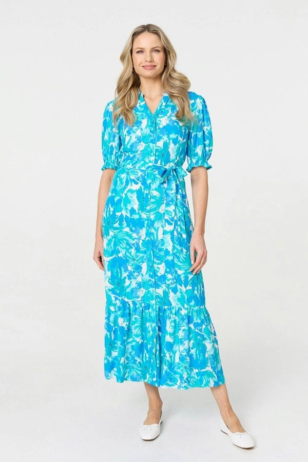 Blue | Printed 1/2 Puff Sleeve Tie Waist Maxi Dress
