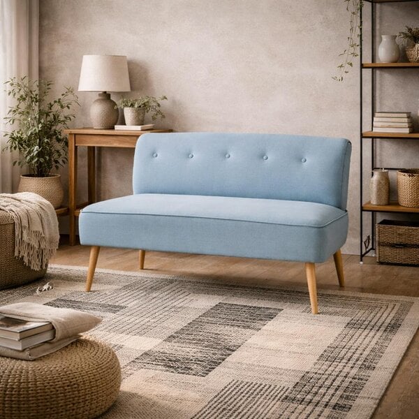 Wyld Haus Hettie Soft Blue 2 Seater Love Sofa Wooden Legs