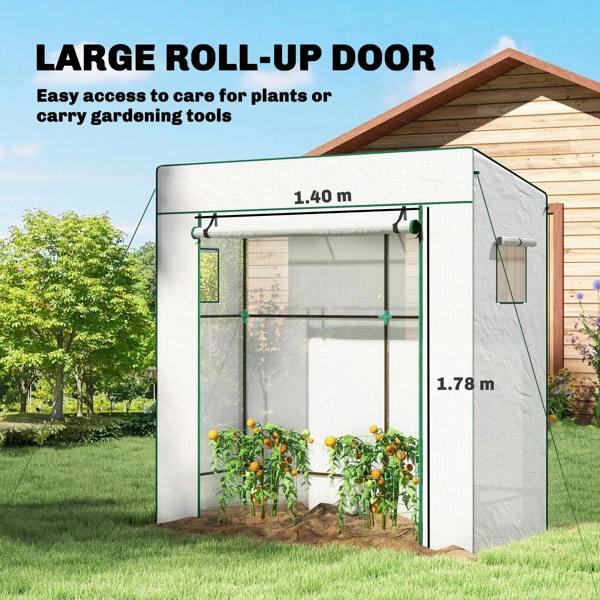Walk-in greenhouse with large roll-up front door, white PVC cover and green frame
